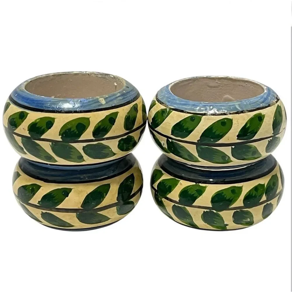 Hand Painted Green Leaf Vine Napkin Rings Multicolor Shabby Chic Cottage 4 Set